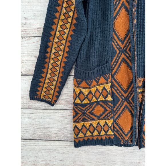 Lucky Brand Southwest Open Front Hooded Cardigan Sweater Womens Small Blue Brown - Picture 5 of 14